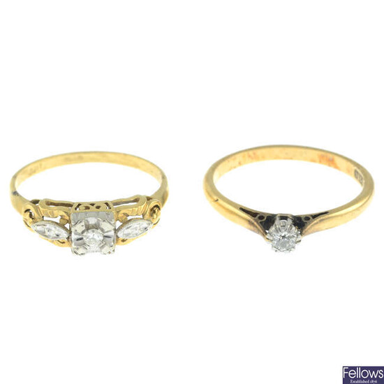 A mid 20th century 18ct gold and platinum old-cut diamond single-stone ring and an 18ct gold diamond single-stone ring.