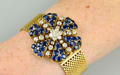 A mid 20th century old-cut diamond and sapphire floral bracelet, convertible to a brooch.