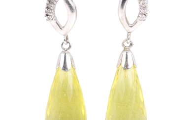 A pair of 9ct white gold lemon quartz and diamond drop earri...
