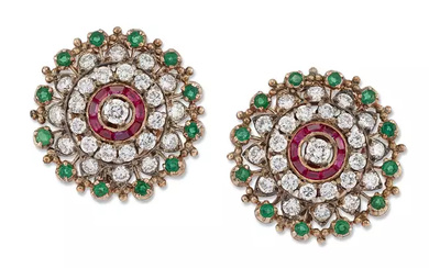 A pair of diamond, synthetic ruby and emerald target cluster earrings, a...