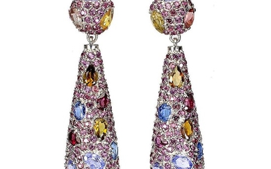 NOT SOLD. A pair of ear pendants each set with numerous tanzanites, tourmalines, kyanites and garnets, mounted in rhodium plated sterling silver. L. app. 5 cm. (2) – Bruun Rasmussen Auctioneers of Fine Art