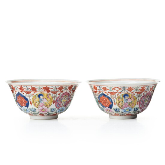 A pair of famille rose marriage bowls, probably republic, 20th Century.
