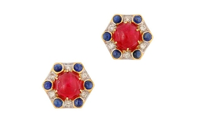 A pair of spinel, sapphire and diamond earstuds