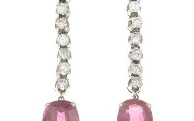 A pair of tourmaline and brilliant-cut diamond drop earrings.
