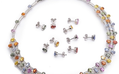 A sapphire and diamond jewellery set comprising a necklace and five pair of ear studs set with multi-coloured sapphires and diamonds, mounted in 18k white gold.