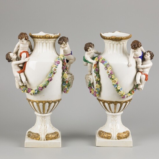 A set of (2) porcelain vases decorated with flowers, ram heads and children, Sitzendorf, late...