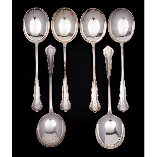 A set of six George V silver soup spoons, maker Josiah Willi...