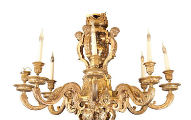 A set of three French gilt bronze eight light chandeliers