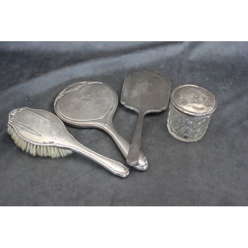 A silver backed part dressing table set, mixed dates and pat...