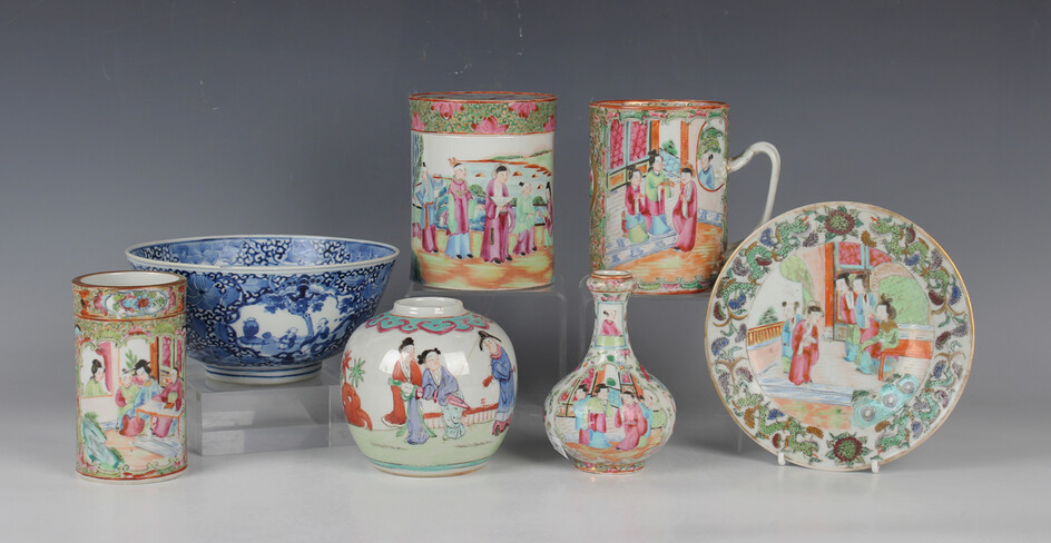 A small collection of Chinese porcelain, mostly mid to late 19th century, including a group of Canto