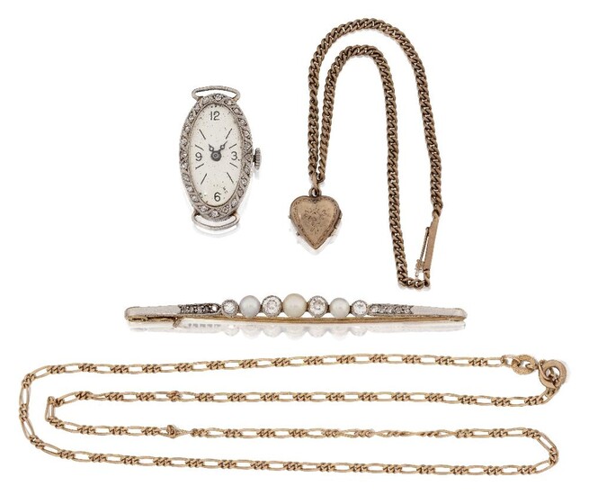 A small group of jewellery comprising: an Edwardian gold, diamond and pearl bar brooch, approx. width 6.5cm; a diamond-set watch case with oval silvered dial, case length approx. 2.6cm; a fine 9ct gold neckchain, approx. length 44cm; and a bracelet...