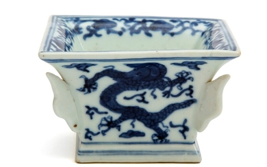 A square blue and white dragon dish