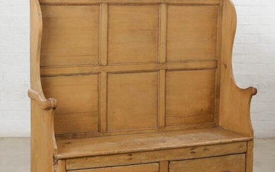 An American country stained pine paneled settle bench