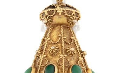 A turquoise-set 'carousel-style' pendant, of conical octagonal form with applied wire and beadwork decoration, collet-set turquoise cabochons to sides and base, approx. length 5.3cm (inc. loop), loop stamped 750