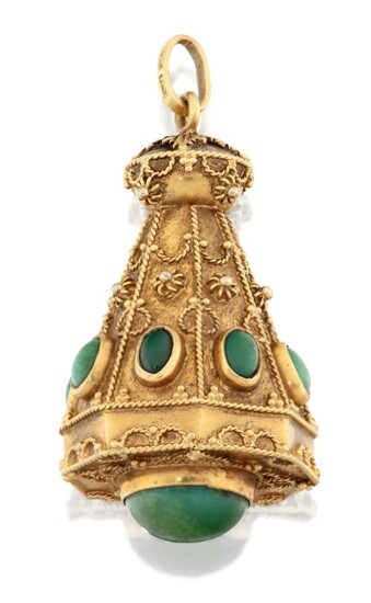 A turquoise-set 'carousel-style' pendant, of conical octagonal form with applied wire and beadwork decoration, collet-set turquoise cabochons to sides and base, approx. length 5.3cm (inc. loop), loop stamped 750
