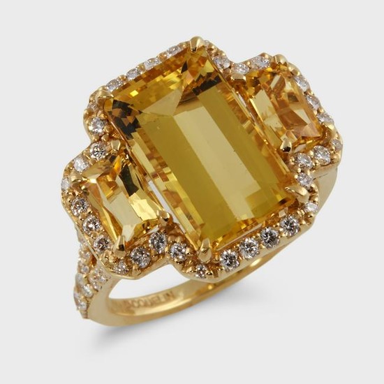A yellow beryl, diamond, and eighteen karat gold ring