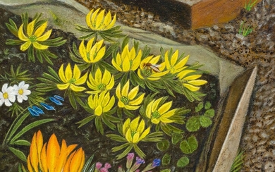 ADOLF DIETRICH(1877 Berlingen 1957)Fleurs de printemps dans un parterre de jardin. 1941.Huile sur carton.Signé et...