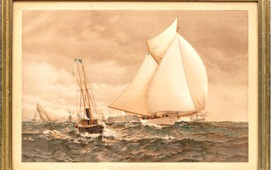 AMERICA'S CUP "VICTORIOUS VOLUNTEER" CHROMOLITHOGRAPH H 22" W 30"