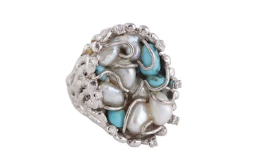 AN ABSTRACT PEARL TURQUOISE AND DIAMOND DRESS RING