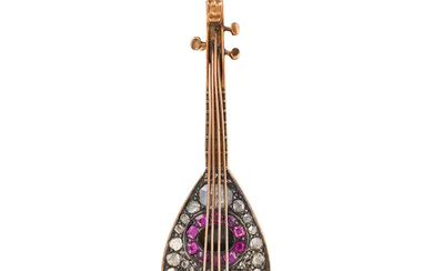 AN ANTIQUE DIAMOND AND RUBY MANDOLIN BROOCH in yel ...