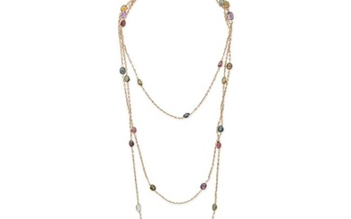 AN ANTIQUE MULTIGEM HARLEQUIN SAUTOIR NECKLACE in 9ct yellow gold, comprising a trace chain set with