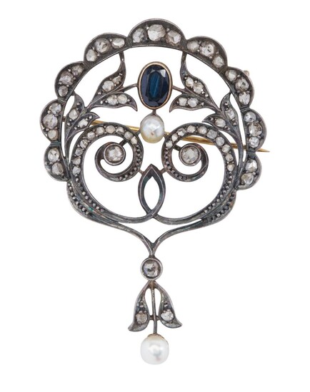 AN ANTIQUE PEARL, SAPPHIRE AND DIAMOND BROOCH
