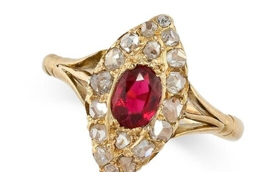 AN ANTIQUE RUBY AND DIAMOND RING in yellow gold, the