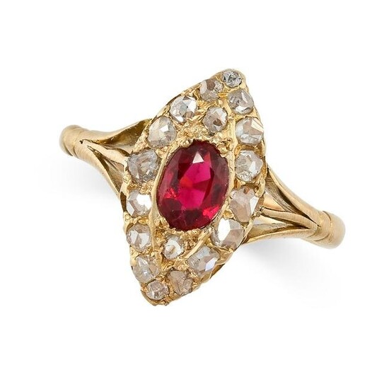 AN ANTIQUE RUBY AND DIAMOND RING in yellow gold, the