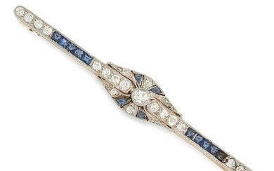 AN ANTIQUE SAPPHIRE AND DIAMOND BAR BROOCH set with