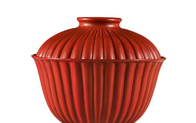 AN EXCEPTIONALLY RARE IMPERIAL RED LACQUER INSCRIBED CHRYSANTHEMUM-SHAPED BOWL AND COVER