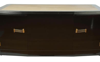 AN IMPRESSIVE BLACK LACQUERED ART DECO DESK TOGETHER WITH TWO MATCHING CHAIRS CIRCA 1930
