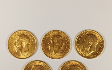 ANGLETERRE 5 pièces d'or Georges V 1912, 1913, 1928 (2), 1931. Avers : Georges V...
