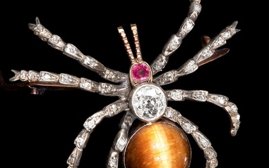 ANTIQUE VICTORIAN DIAMOND RUBY AND TIGERS EYE SPIDER BROOCH,...