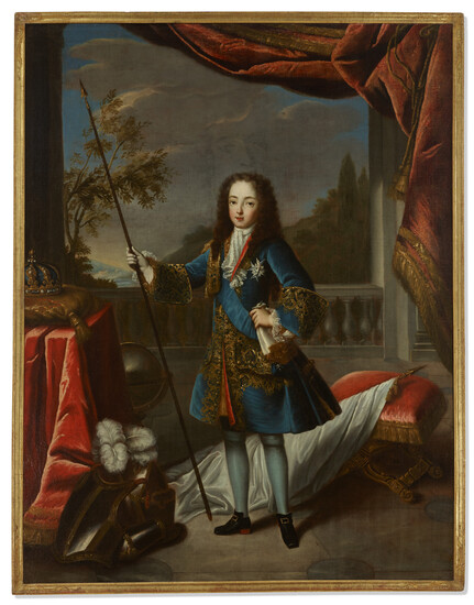 ATTRIBUTED TO PIERRE GOBERT (FONTAINEBLEAU 1662-1774 PARIS) Portrait of Louis XV (1710-1774), King of France (1715-1774), full length, with a landscape beyond