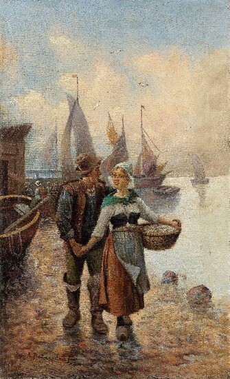 Adolf Baumgartner-Stoiloff, Austrian 1850-1924- Fishermen and fisherwomen with baskets of fresh fish; oils on canvas, each signed 'A. Baumgartner Jun' (lower left and lower right), each 81.5 x 50 cm., two (2). Provenance: An important Private...