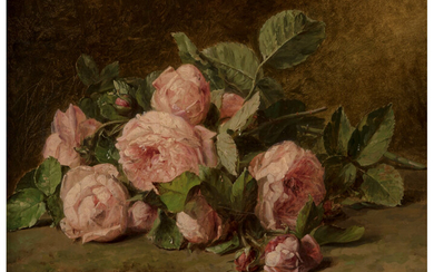 Adriana-Johanna Haanen (1814-1895), Still life of roses on mossy ground