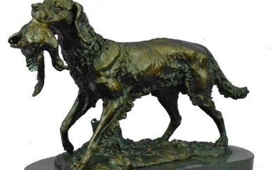 After Barye, Hunting Dog With Bird Bronze Sculpture