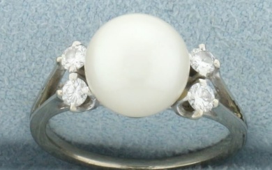 Akoya Pearl and Diamond Ring in 14k White Gold