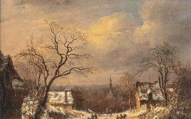 Albert Moerman (1808-1856), winter landscape with figures, oil on panel, 26 x 31 cm