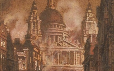 Alfred Egerton Cooper, British 1883-1974 - Fire of London: A view of St Paul's during the Blitz, 1940; chalk and gouache on paper, signed and dated indistinctly lower right 'A E Cooper 1940', 56.8 x 42 cm (ARR) Provenance: with Dowmunt Galleries...