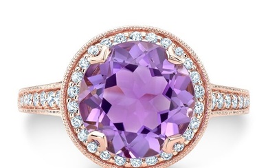 Amethyst And Diamond Round Halo Antique Finish Ring In 14k Rose Gold ( Hi / Si )