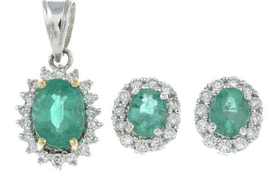 An 18ct gold emerald and brilliant-cut diamond jewellery set, to include a pendant and a pair of earrings.