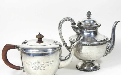 An Art Deco silver teapot, of circular shape, with a...