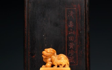 An Exquisite Tianhuang Stone 'Kylin' Seal With A Zitanwood Box