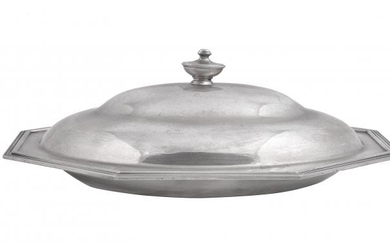 An Italian silver coloured canted-rectangular entrée dish and cover