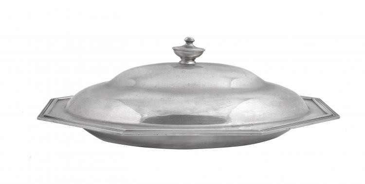 An Italian silver coloured canted-rectangular entrée dish and cover