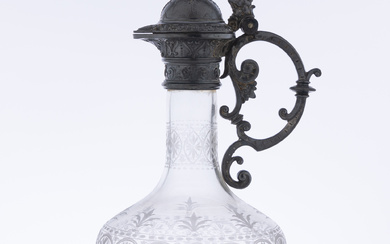 An antique etched crystal and pewter wine jug, C: 1900,...