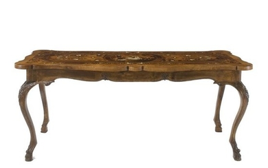 An inlaid top walnut center table, the top 18th century