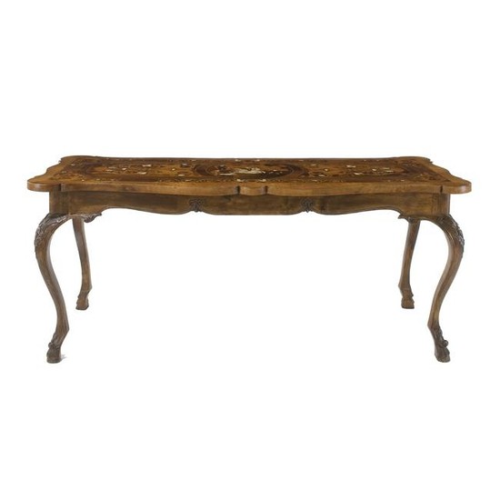 An inlaid top walnut center table, the top 18th century