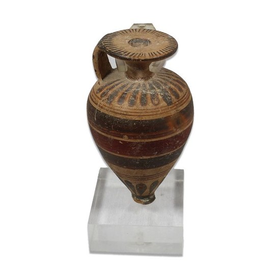 Ancient Greek Corinthian (or Etrusco-Corinthian)Ceramic Piriformed aryballos with Striped Decoration - 105×60×0 mm - (1)